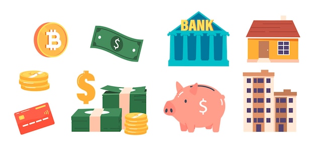 Artículos financieros Banco y bienes raíces Criptomoneda Tarjeta de crédito Piggy Bank Billetes y monedas Dibujos animados Vector Ilustración
