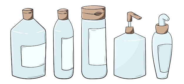 Artículos de higiene y baño.Botellas coloridas con tapa abatible para champú, envases para la higiene.
