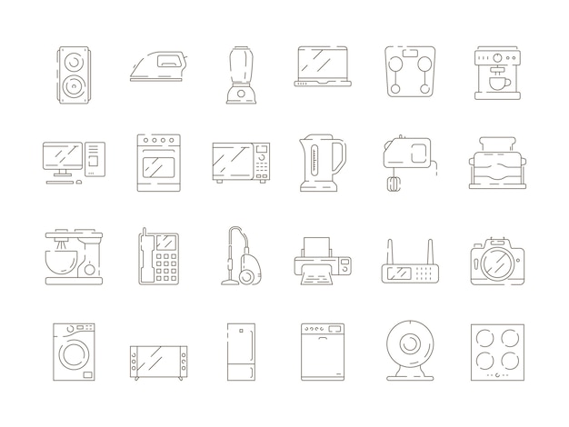 Artículos para el hogar. Cocina electrodomésticos mezclador microondas tv computadora refrigerador vector iconos de líneas finas