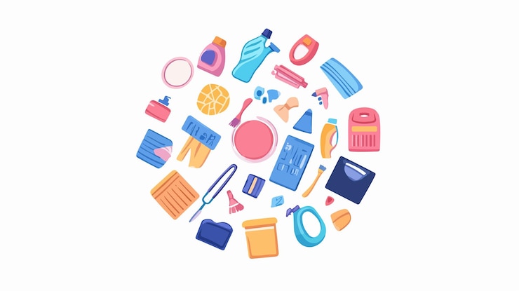 Vector artículos de lavandería de colores ilustración de dibujos animados de círculo para los atributos de limpieza