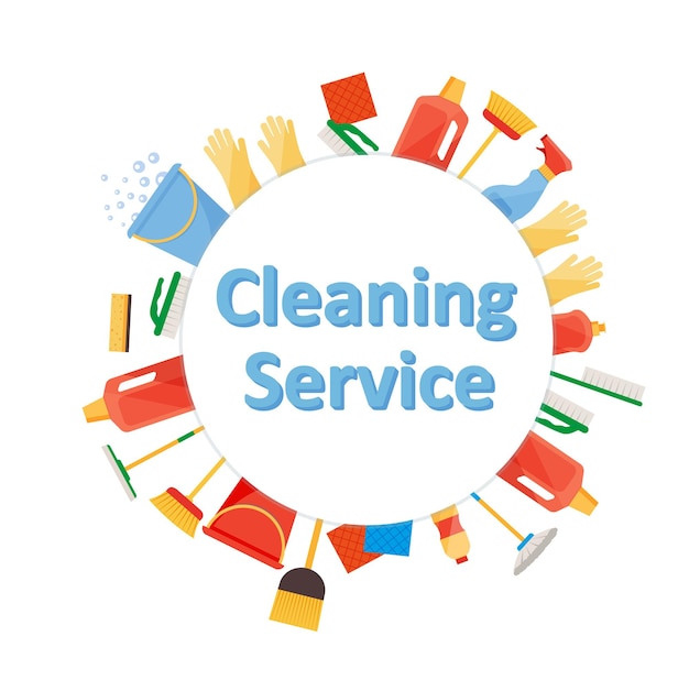 Artículos de limpieza surtidos con escobas, balde, trapeadores, spray, cepillos, esponjas. Servicio de limpieza. Accesorios de limpieza estilo plano.