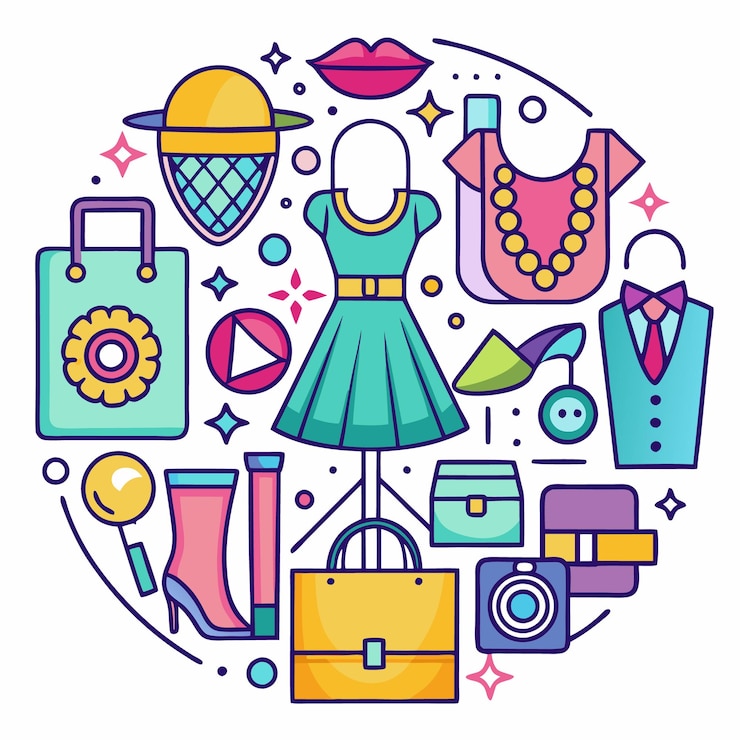 Vector artículos de moda de colores dispuestos en círculo