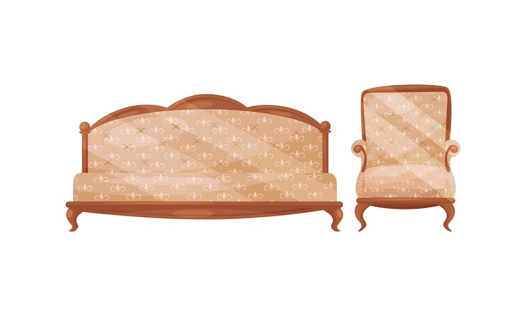 Vector artículos de muebles antiguos con sofá tapizado y set vectorial de sillón