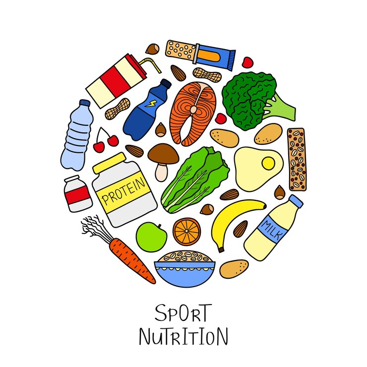Vector artículos de nutrición deportiva dibujados a mano, incluidas proteínas, frutas, nueces, verduras, suplementos, cereales y peces compuestos en forma de círculo alimentos saludables para el entrenamiento, dieta de fitness