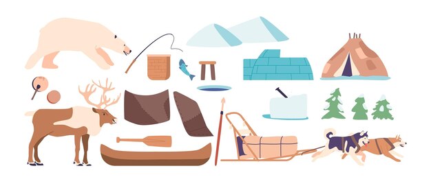 Artículos y objetos esquimales Conjunto de vectores de dibujos animados Oso polar Reno Pandereta y caña Iglú y Yurtas Viviendas para condiciones gélidas del Ártico Herramientas de pesca en hielo Barco y trineos para transporte