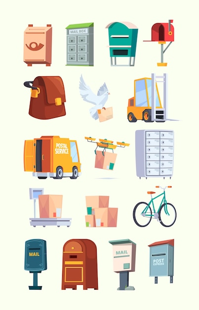 Artículos de oficina postal servicio de correo cartas de coche caja postal paquetes de entrega llamativas ilustraciones planas vectoriales