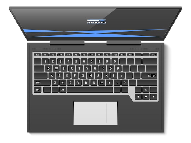 Artículos de oficina Realista portátil vista superior pantalla y teclado de PC Computadora portátil Equipo electrónico Diseño de identidad de marca de logotipo Display de dispositivo Objeto de negocio aislado vectorial