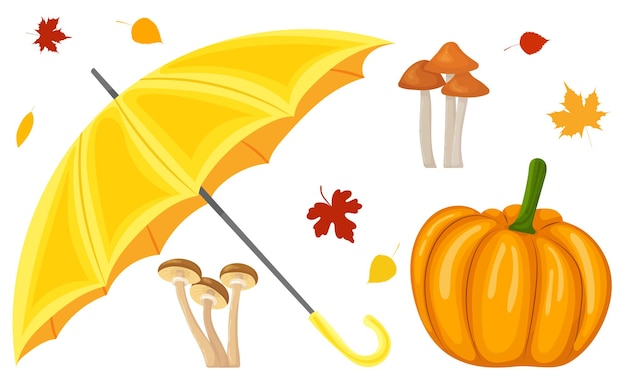 Artículos de otoño paraguas setas calabaza vector aislado
