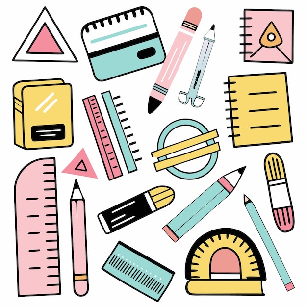 Artículos de papelería dibujados a mano de colores como lápices, reglas, traidores, cuadernos y un borrador