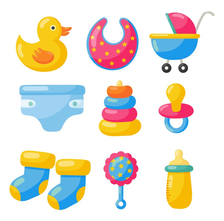 artículos recién nacidos Iconos de juguetes y ropa. suministros para el cuidado del bebé