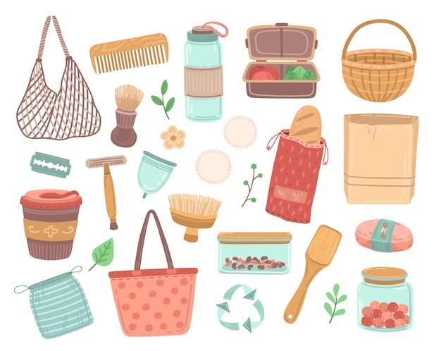 Artículos reutilizables. Cero desperdicio, elemento de reciclaje ecológico. Cuchara de madera de ecología aislada, botella de bolsa, ilustración de vector de contenedor de comestibles. Fiambrera de botella y cepillo, artículos duraderos para la cocina.