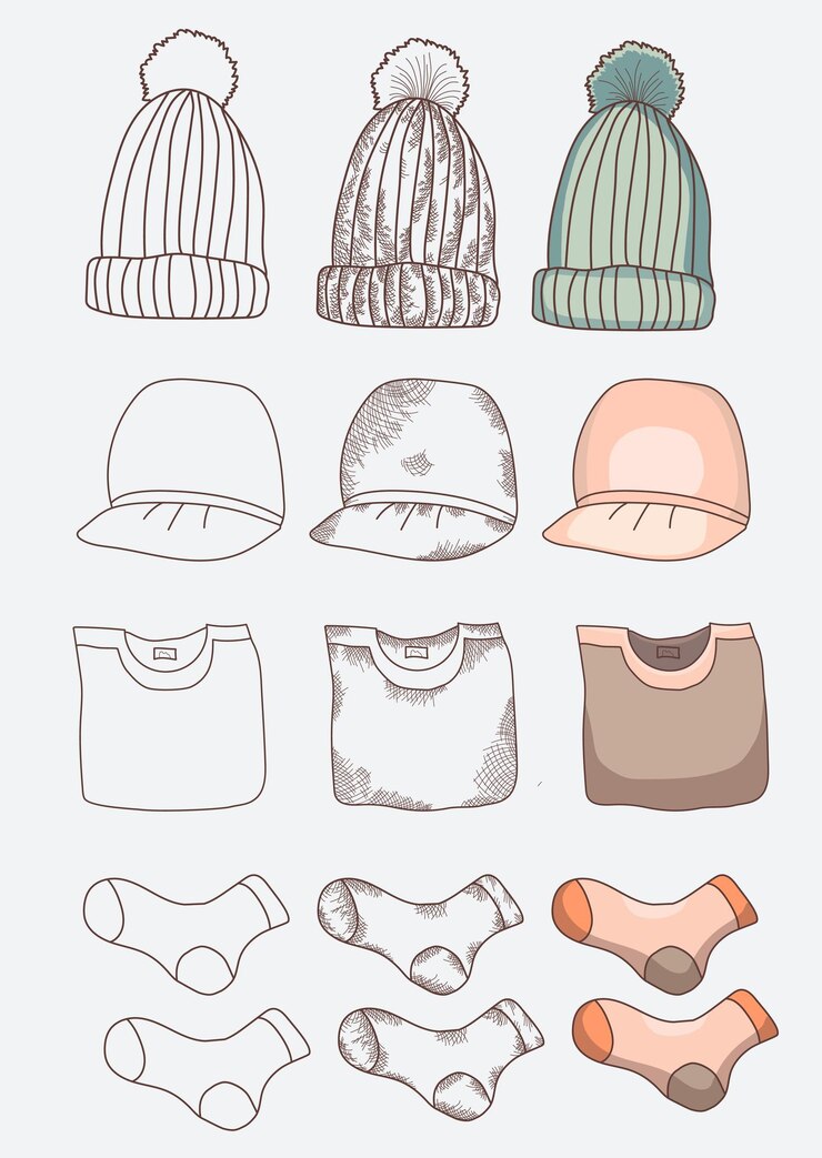 Vector artículos de ropa sombrero camiseta calcetines contorno de trazo y color ilustración vectorial