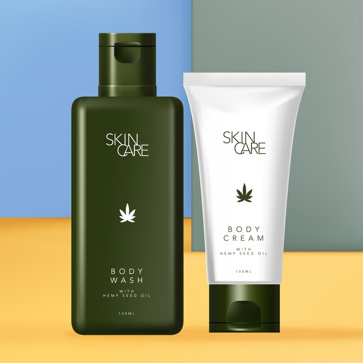 Artículos de tocador de aceite de semilla de cáñamo, cuidado de la piel o envases de botellas y tubos de belleza con fondo geométrico vibrante.