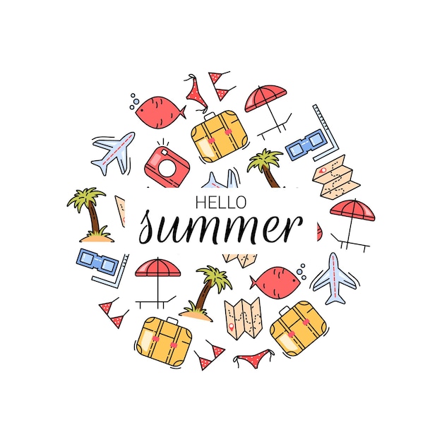 Artículos de vacaciones de verano con tumbona, mapa, avión y cámara en estilo plano