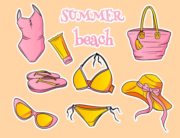 Articulos de verano. Artículos de playa para mujeres. Traje de baño, sombrero, lentes de sol, chanclas, bloqueador solar, bolsa de playa. Estilo de dibujos animados.