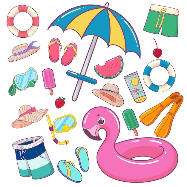 Vector artículos de verano decoraciones de pegatinas kawaii