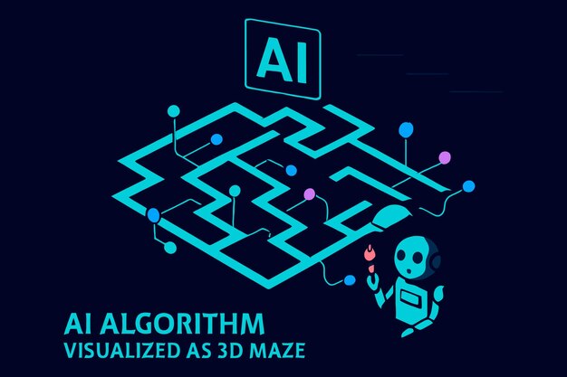 Artificial intelligence algorithm visualized as a complex 3d maze with robot