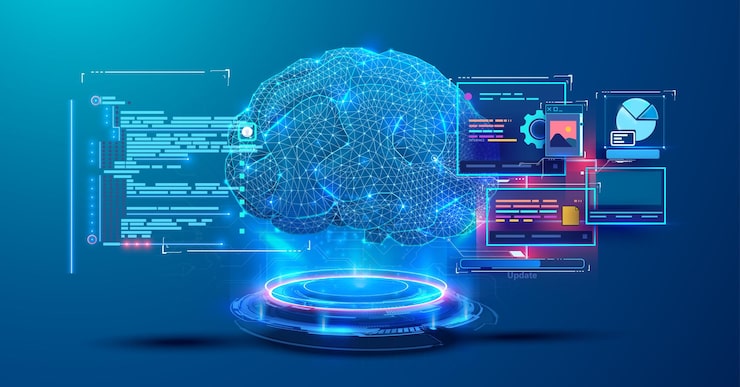 Vector artificial intelligence brain with data visualization and interface elements glowing neon design showcases advanced technology coding and data visualization making it perfect for ai