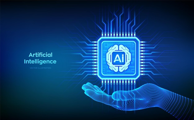 Artificial Intelligence chip with AI digital brain circuit board icon in wireframe hand Artificial intelligence integrated into a microprocessor AI processor technology concept Vector illustration