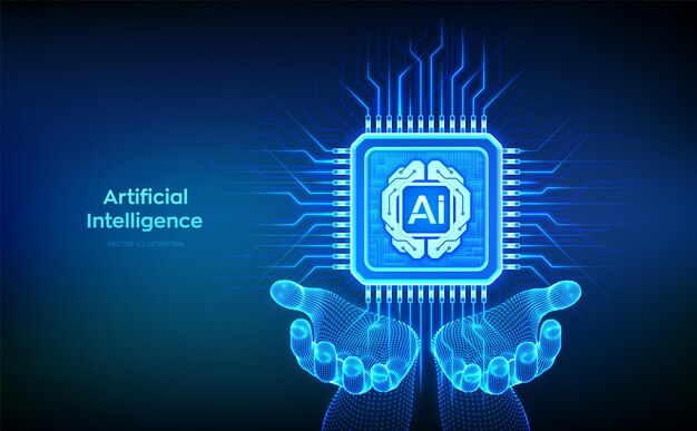 Artificial Intelligence chip with AI digital brain circuit board icon in wireframe hands Artificial intelligence integrated into a microprocessor AI processor technology concept Vector illustration
