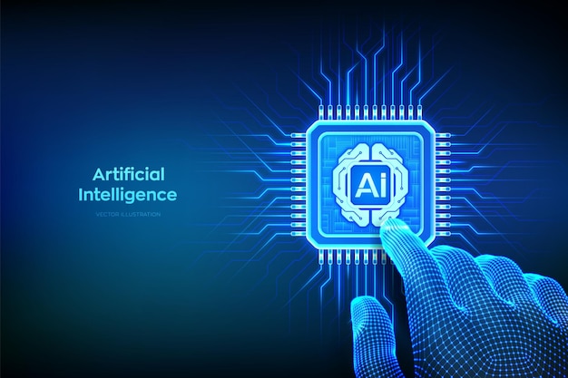 Artificial intelligence chip with AI digital brain icon Hand pressing CPU microchip Artificial intelligence integrated into microprocessor AI processor technology concept Vector illustration