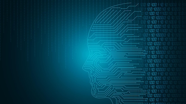 Artificial intelligence face background with digital circuit lines and binary code pattern