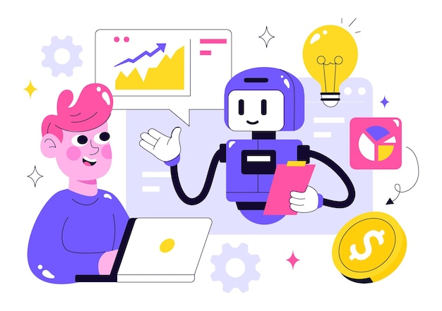 Artificial Intelligence in Business Vector Illustration Featuring Digital Brain Technology and Engineering Concept with Programmer Data and Systems