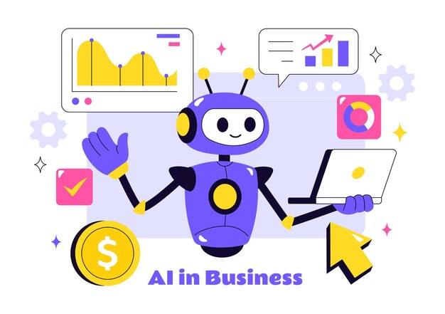 Artificial Intelligence in Business Vector Illustration Featuring Digital Brain Technology and Engineering Concept with Programmer Data and Systems