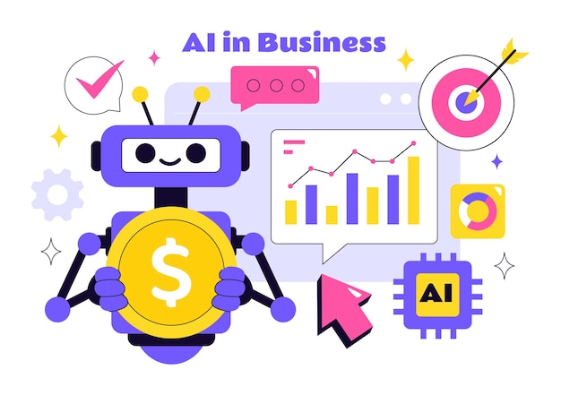 Artificial Intelligence in Business Vector Illustration Featuring Digital Brain Technology and Engineering Concept with Programmer Data and Systems