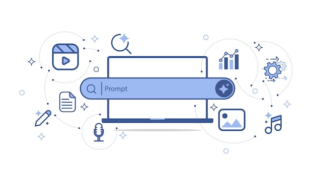 Artificial intelligence technology concepts Laptop with generative bar and media and data icon Machine learning and generate Input prompt as commands for search and generate Vector illustration
