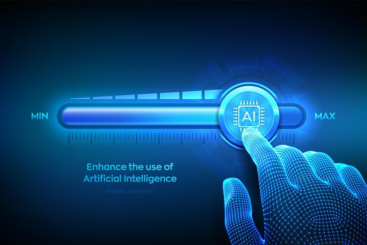 Vector artificial intelligence wireframe hand is pulling up to the maximum position progress bar with the ai icon increase the use of artificial intelligence and automation technology vector illustration