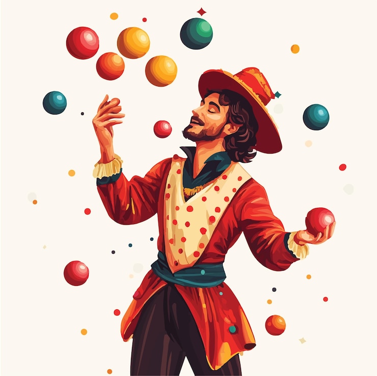 Vector un artista de circo vibrante haciendo malabarismos con bolas de colores ilustración vectorial