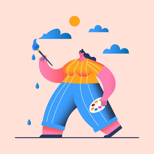 Vector artista de dibujos animados con pincel pintando nubes diseño plano