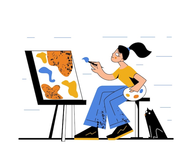 Artista femenina pintando una imagen sobre lienzo pintora con paleta de pintura y dibujo de pincel mujer creativa crea obras de arte proceso de creación ilustración vectorial plana aislada en fondo blanco