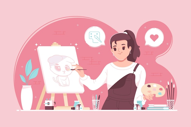 Vector artista femenina pintando sobre lienzo ilustración de fondo