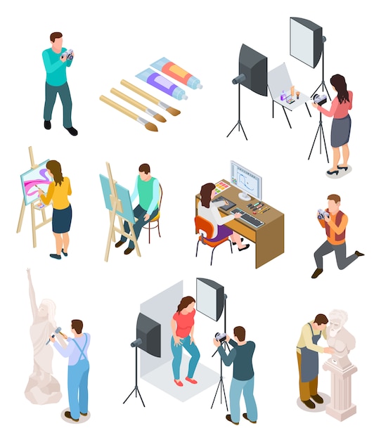 Artista isométrica Estudio de arte artístico foto escultura artistas escultor pintura imagen de trabajo creativo ers personas