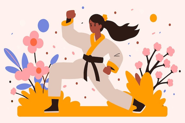 Vector un artista marcial con un cinturón amarillo realiza un kata de karate