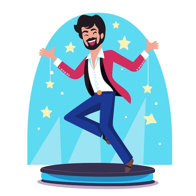 El artista masculino bailando felizmente en el escenario, las estrellas de los reflectores, el fondo, el disfraz del artista, vibrante.