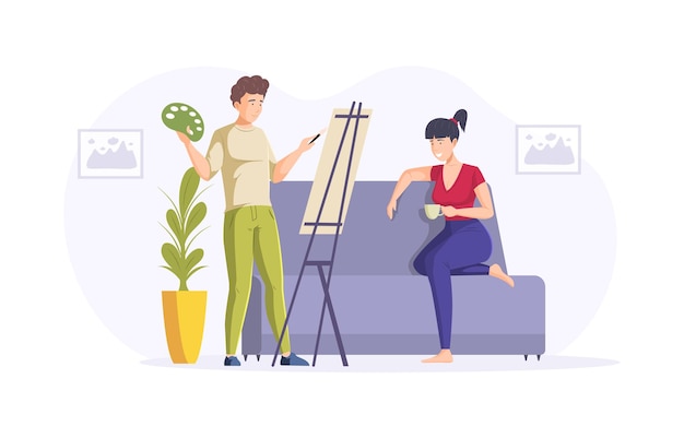 Artista masculino con una paleta pintando el retrato de una chica sonriente