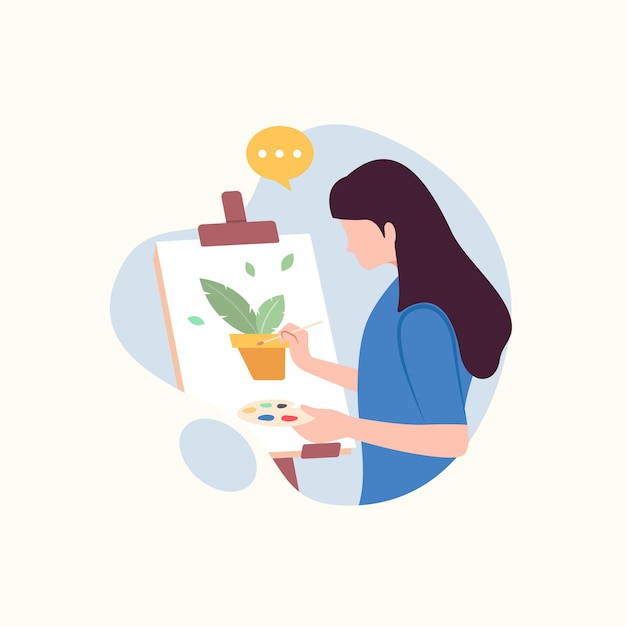 Artista de mujer pintando una ilustración de vector de planta
