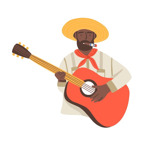 Artista nacional de piel oscura de cuba, músico con barba negra y guitarra. guitarrista antiguo con cigarro cubano toca música tradicional en ilustración vectorial de caricatura plana aislada en fondo blanco.