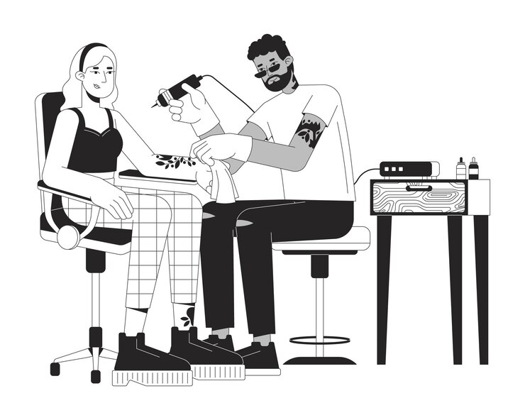 Vector artista negro haciendo tatuaje en el brazo de una mujer personajes de dibujos animados en línea 2d en blanco y negro