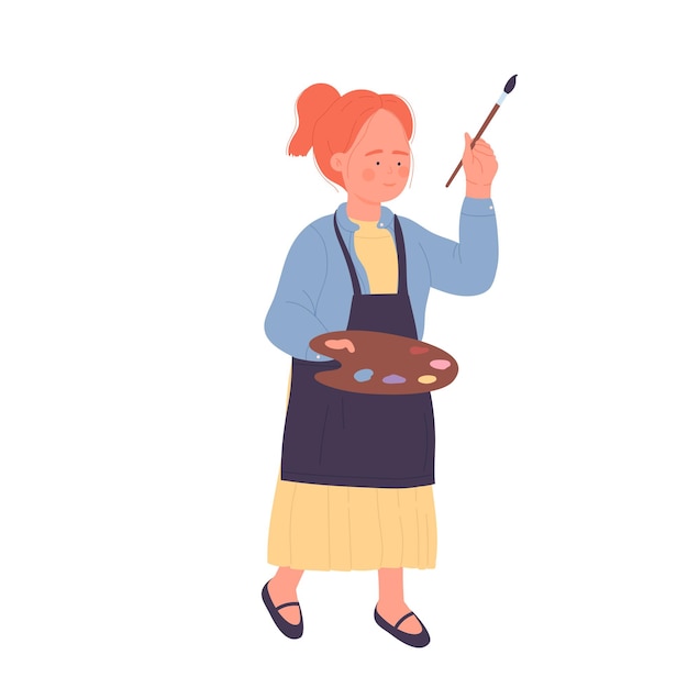 Artista de niña pintora con bandeja de acuarela y pincel