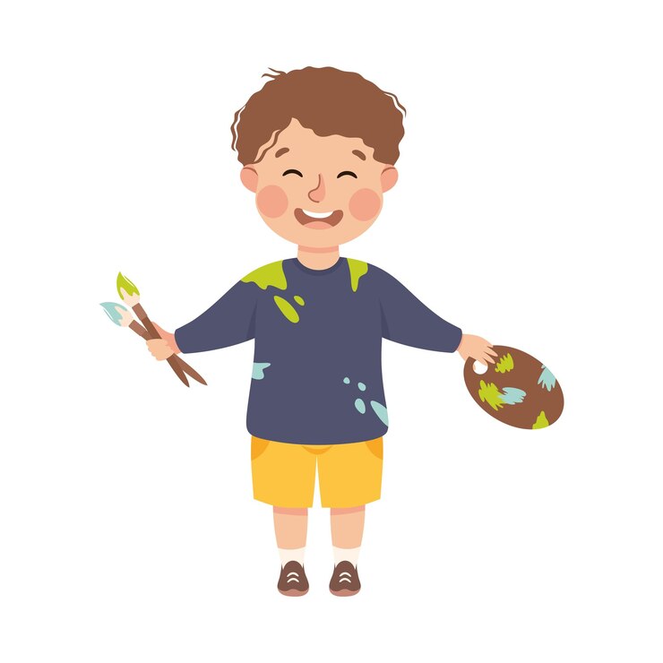 Vector artista niño pintando con pincel niño lindo actividad creativa o pasatiempo ilustración vectorial de dibujos animados