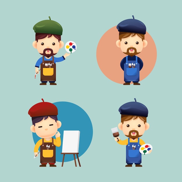Artista niños niño Hombre confiado artista pintura niños conjunto signo vector ilustración