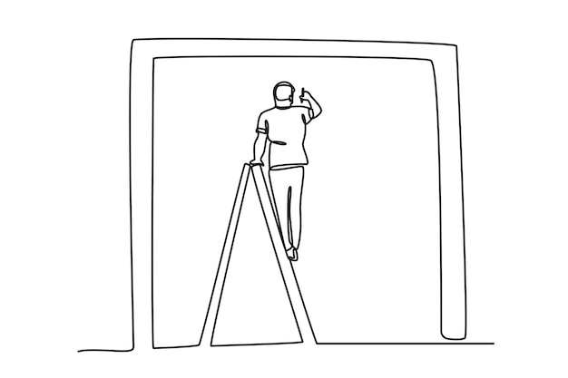 Un artista pintando mientras sube una escalera en el dibujo de la línea