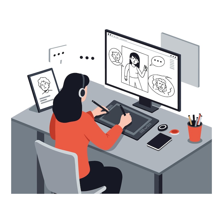 Vector artista que crea ilustraciones digitales en tableta y computadora en un espacio de trabajo moderno