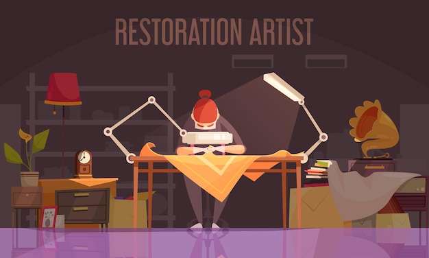 Vector artista restaurador ilustración plana coloreada con restauración artista trabaja en la restauración de cosas