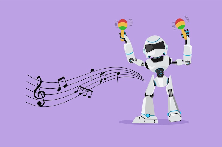 Vector artista de robot de dibujo de estilo de dibujos animados planos con instrumento musical de maracas en el festival de música inteligencia artificial robótica moderna industria de tecnología electrónica ilustración de vector de diseño gráfico