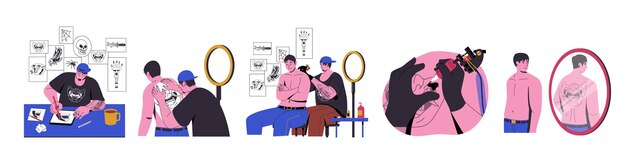 Artista del tatuaje en el trabajo Dibujo de personaje maestro de tinta profesional de dibujos animados con tatuador de máquina de agujas con equipo y cliente en el salón Conjunto de vectores